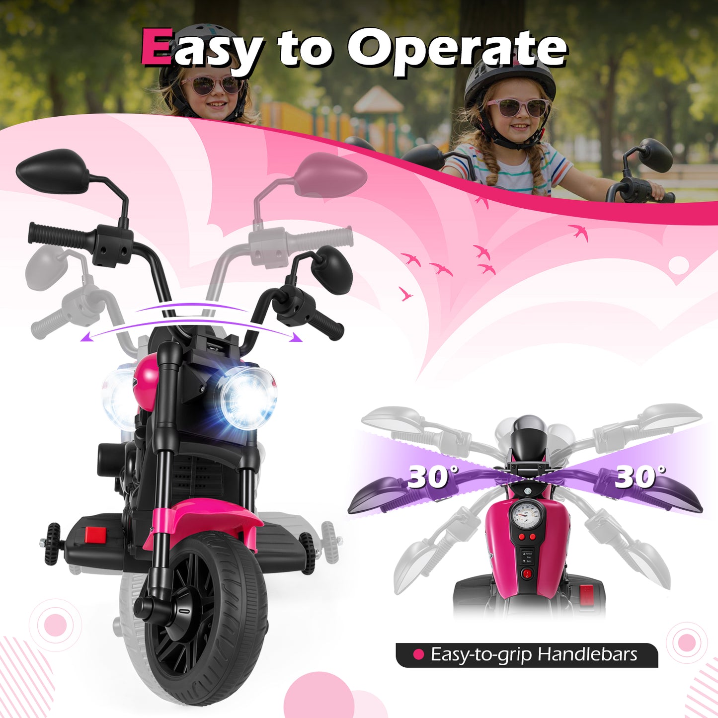 6V Kids Motorcycle with Headlight and Music and Training Wheels-Pink