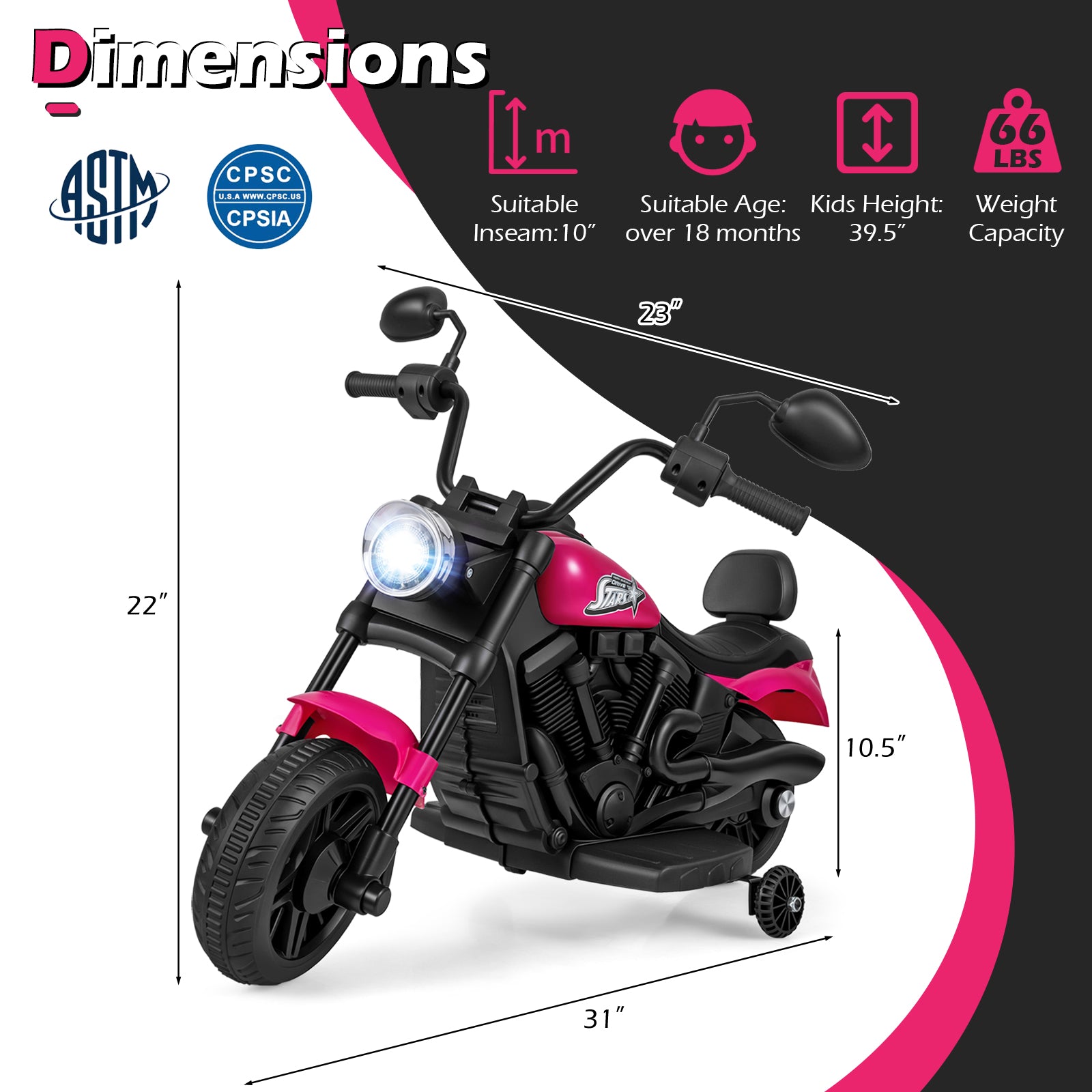 6V Kids Motorcycle with Headlight and Music and Training Wheels-Pink