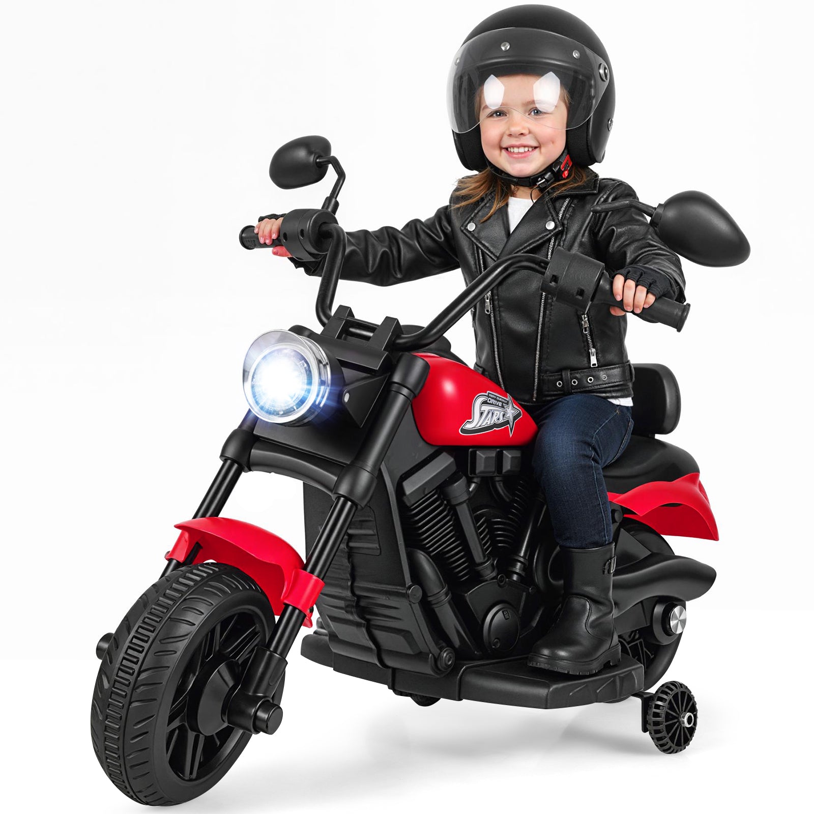 6V Kids Motorcycle with Headlight and Music and Training Wheels-Red