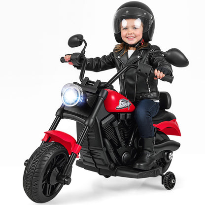 6V Kids Motorcycle with Headlight and Music and Training Wheels-Red
