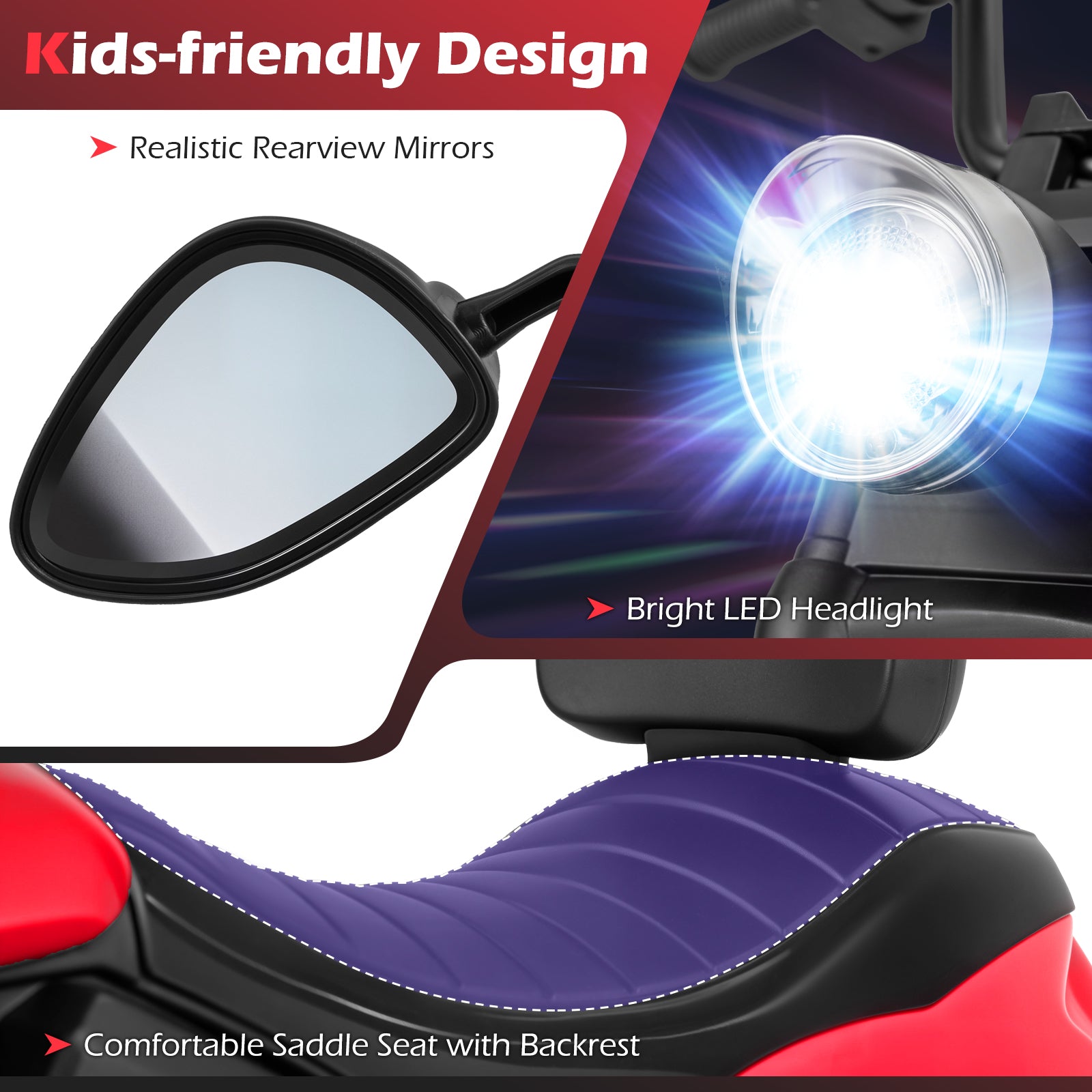 6V Kids Motorcycle with Headlight and Music and Training Wheels-Red