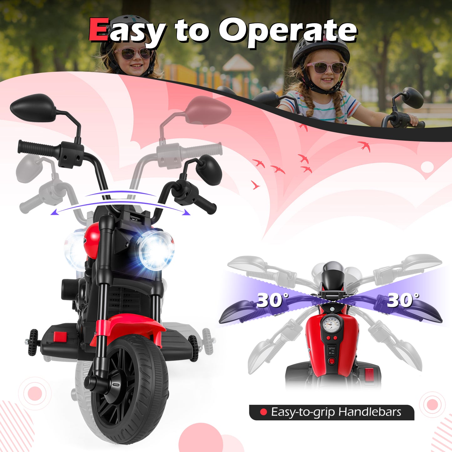 6V Kids Motorcycle with Headlight and Music and Training Wheels-Red