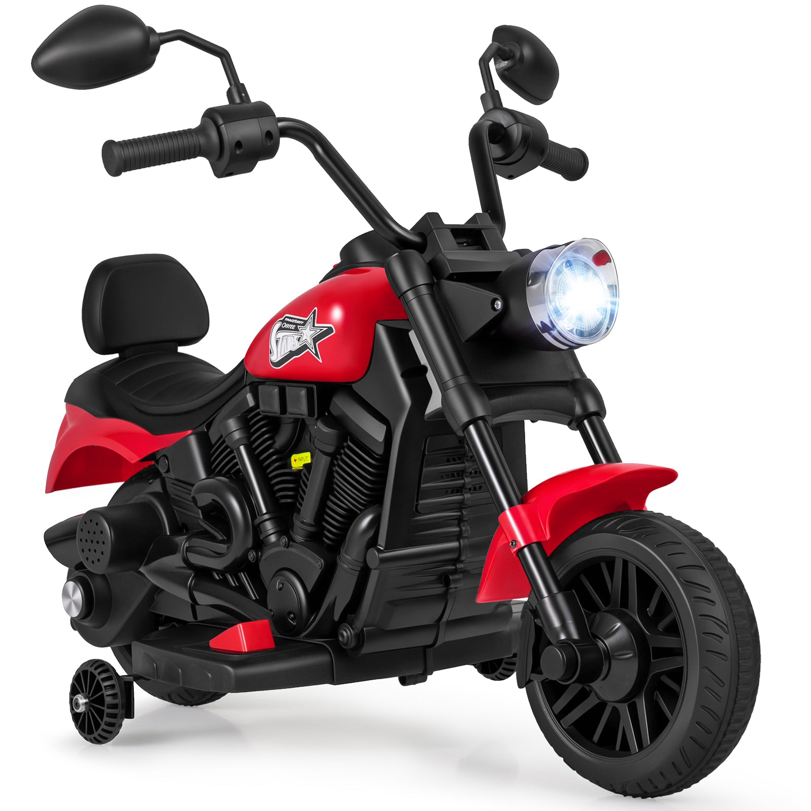 6V Kids Motorcycle with Headlight and Music and Training Wheels-Red