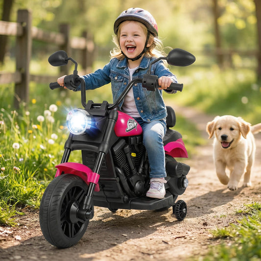 6V Kids Motorcycle with Headlight and Music and Training Wheels-Pink