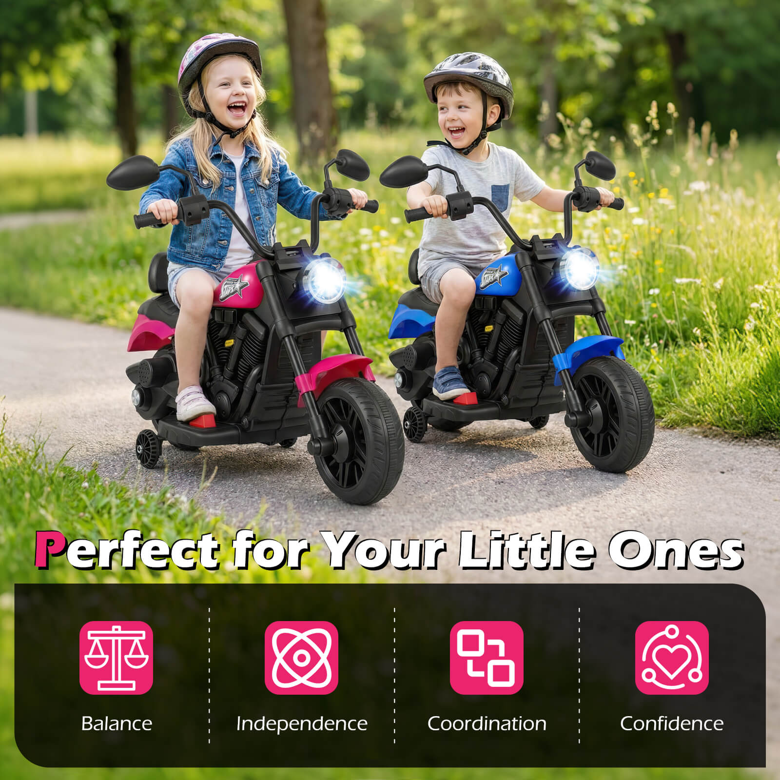 6V Kids Motorcycle with Headlight and Music and Training Wheels-Pink