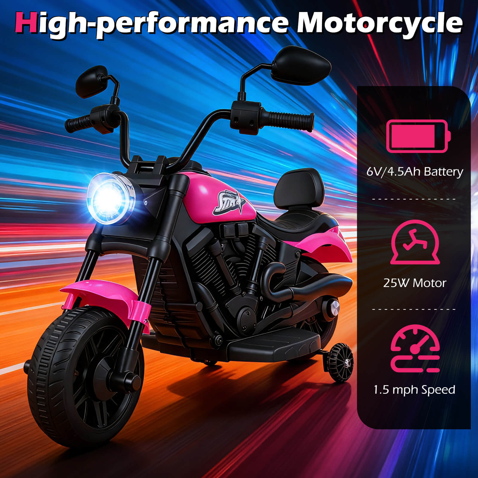 6V Kids Motorcycle with Headlight and Music and Training Wheels-Pink