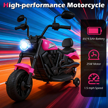6V Kids Motorcycle with Headlight and Music and Training Wheels-Pink