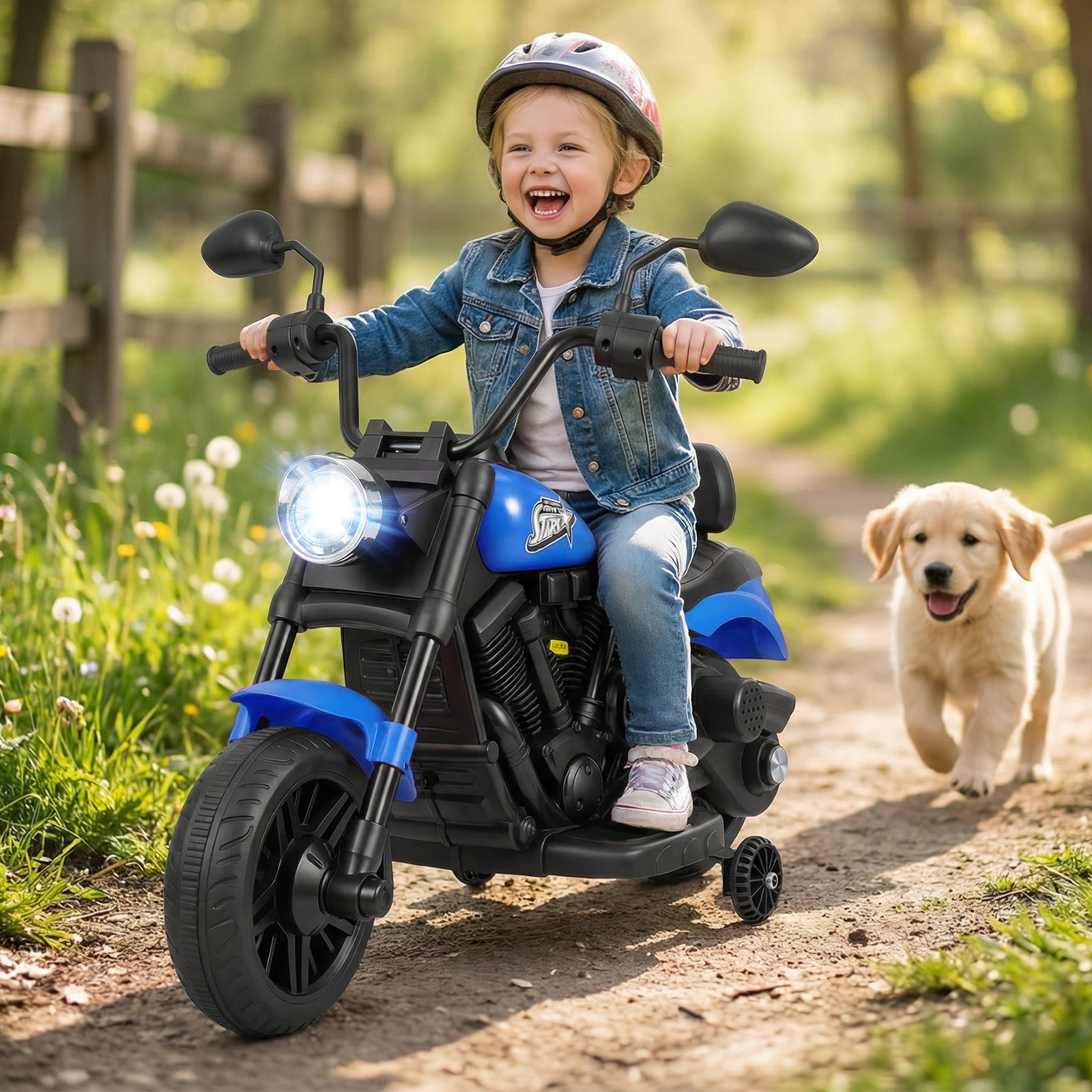 6V Kids Motorcycle with Headlight and Music and Training Wheels-Navy