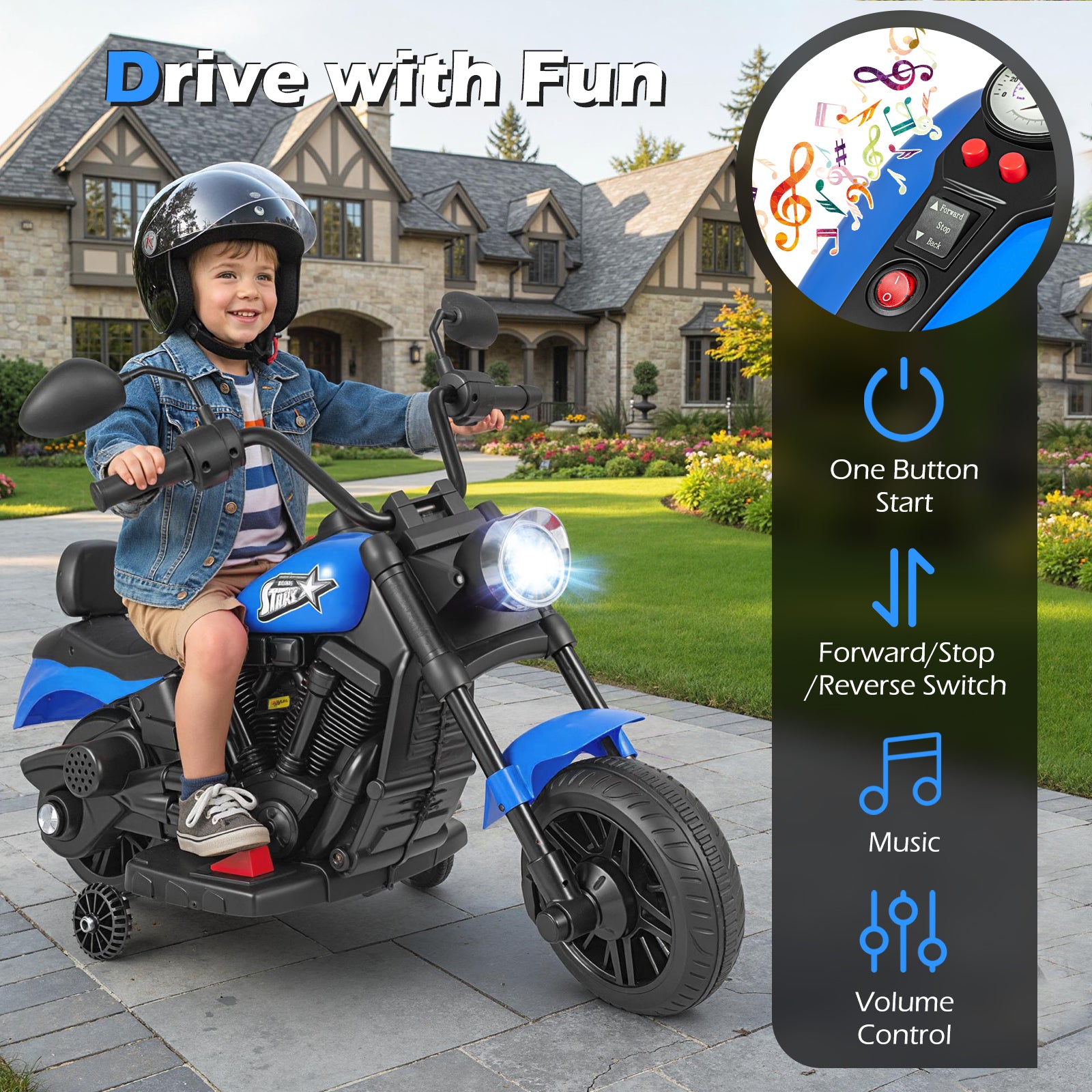 6V Kids Motorcycle with Headlight and Music and Training Wheels-Navy