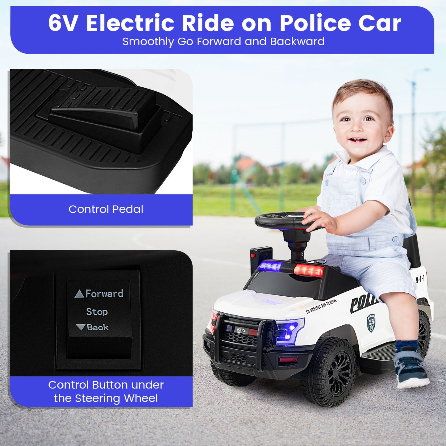 6V Kids Ride On Police Car with Real Megaphone and Siren Flashing Lights-Black - White
