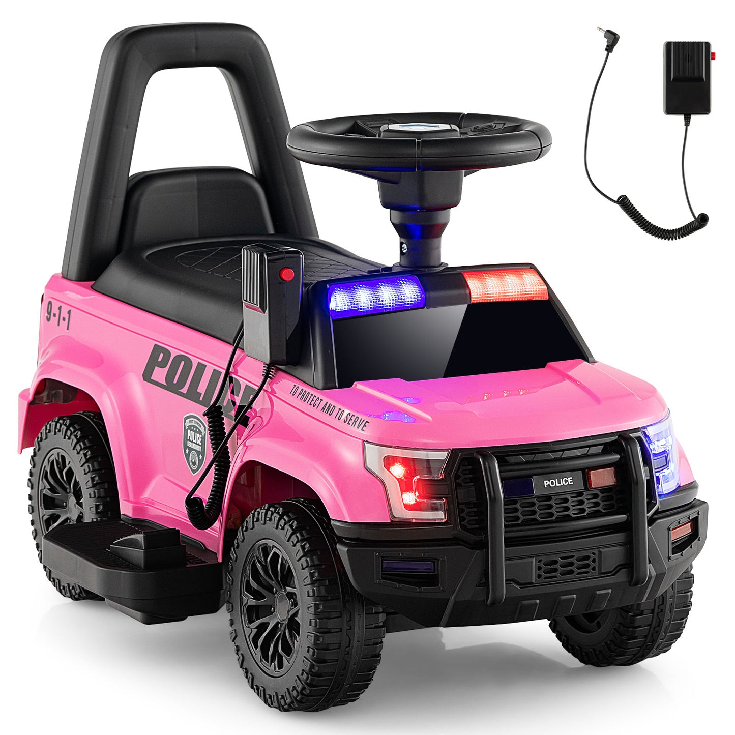 6V Kids Ride On Police Car with Real Megaphone and Siren Flashing Lights-Black - Pink