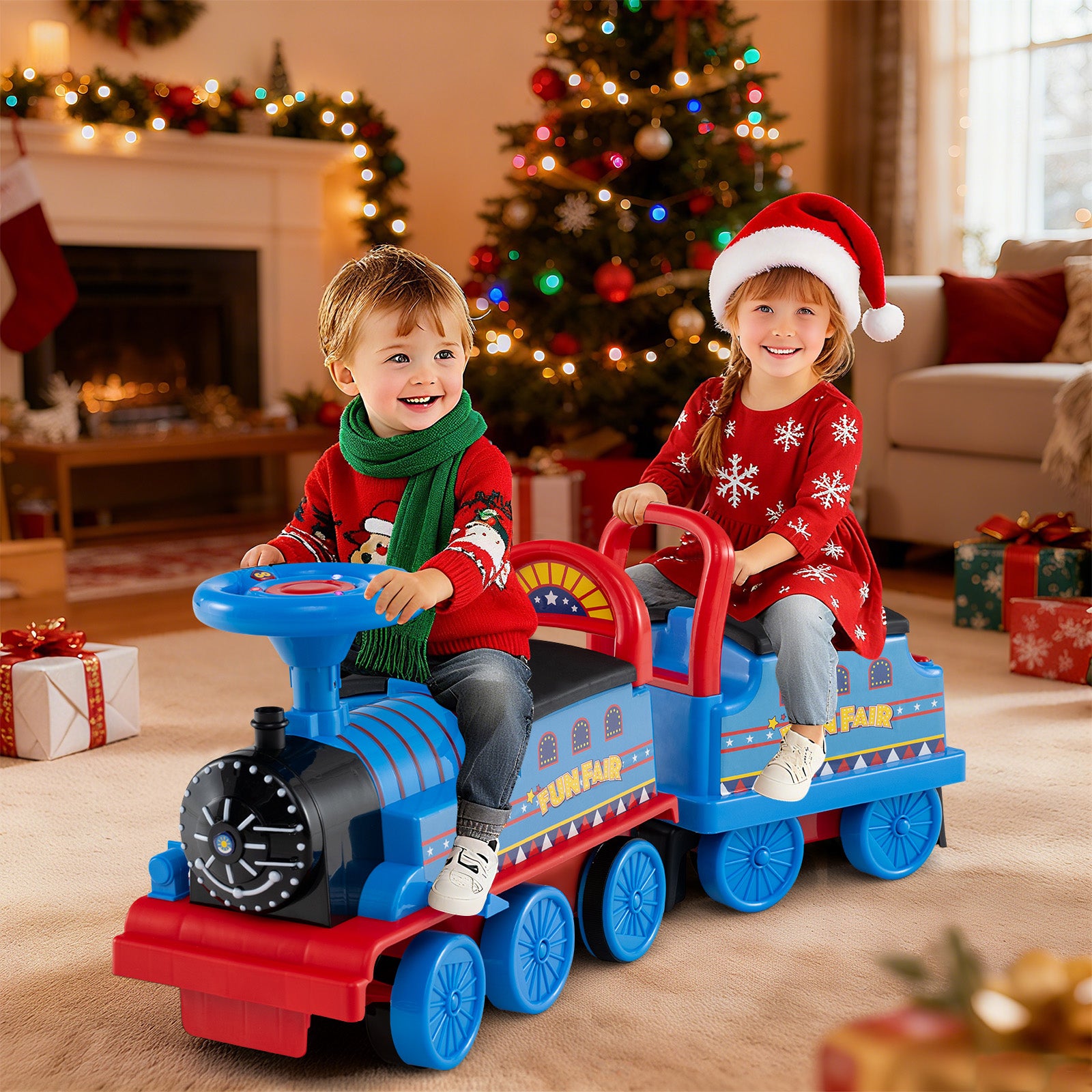 6V Ride on Train 2-Seater with Carriage and Flashing LED Lights-Blue