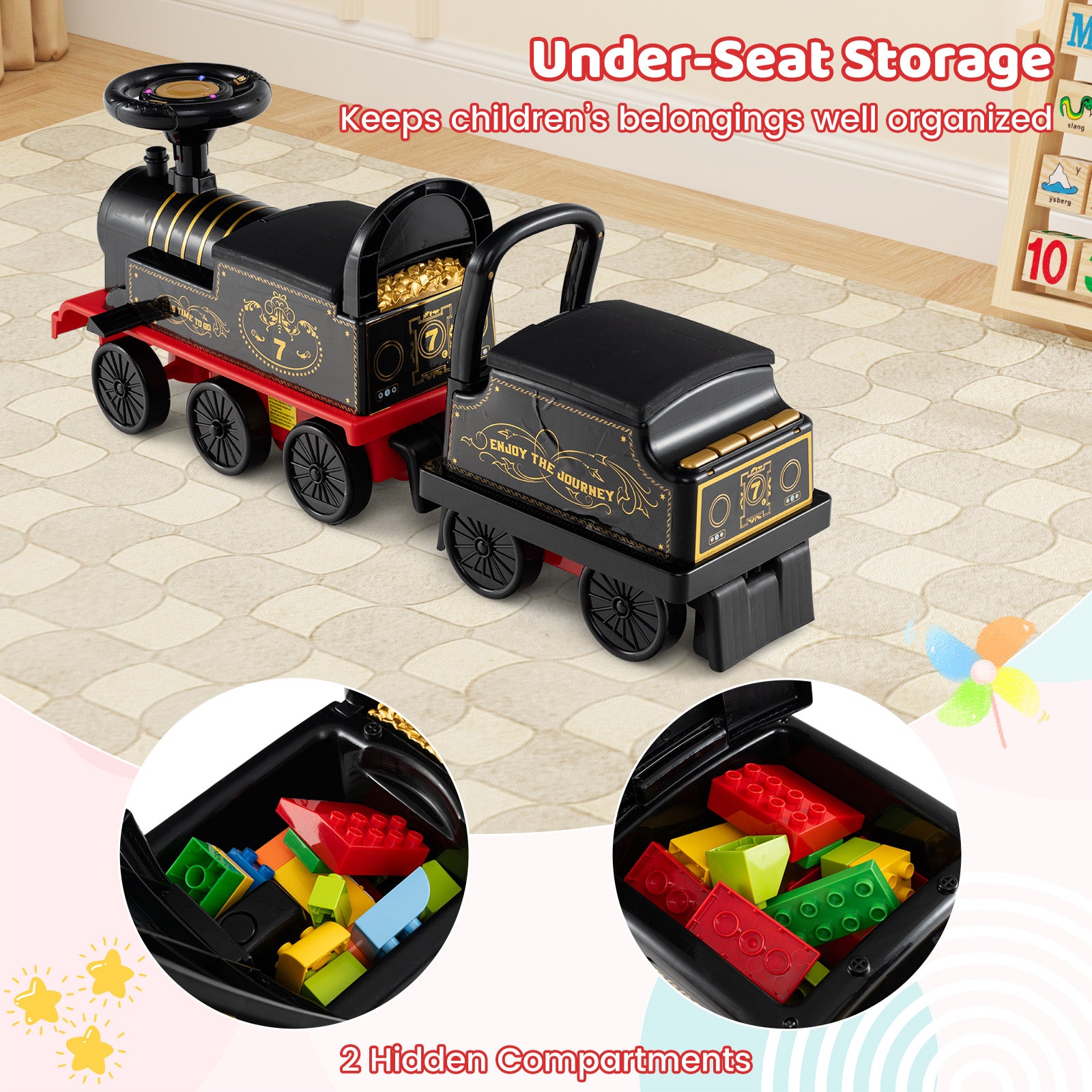 6V Ride on Train 2-Seater with Carriage and Flashing LED Lights-Black
