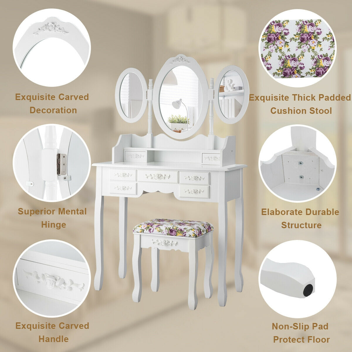 7 Drawer Tri-Folding Mirror Dressing Vanity Makeup Set-White
