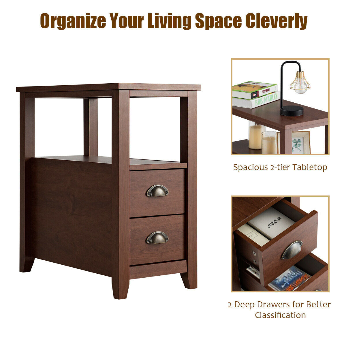 Set of 2 End Table Wooden with 2 Drawer & Shelf Bedside Table