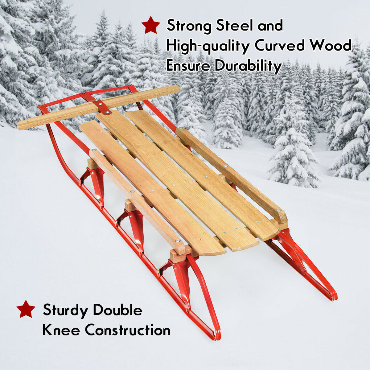 54 Inch Kids Wooden Snow Sled with Metal Runners and Steering Bar