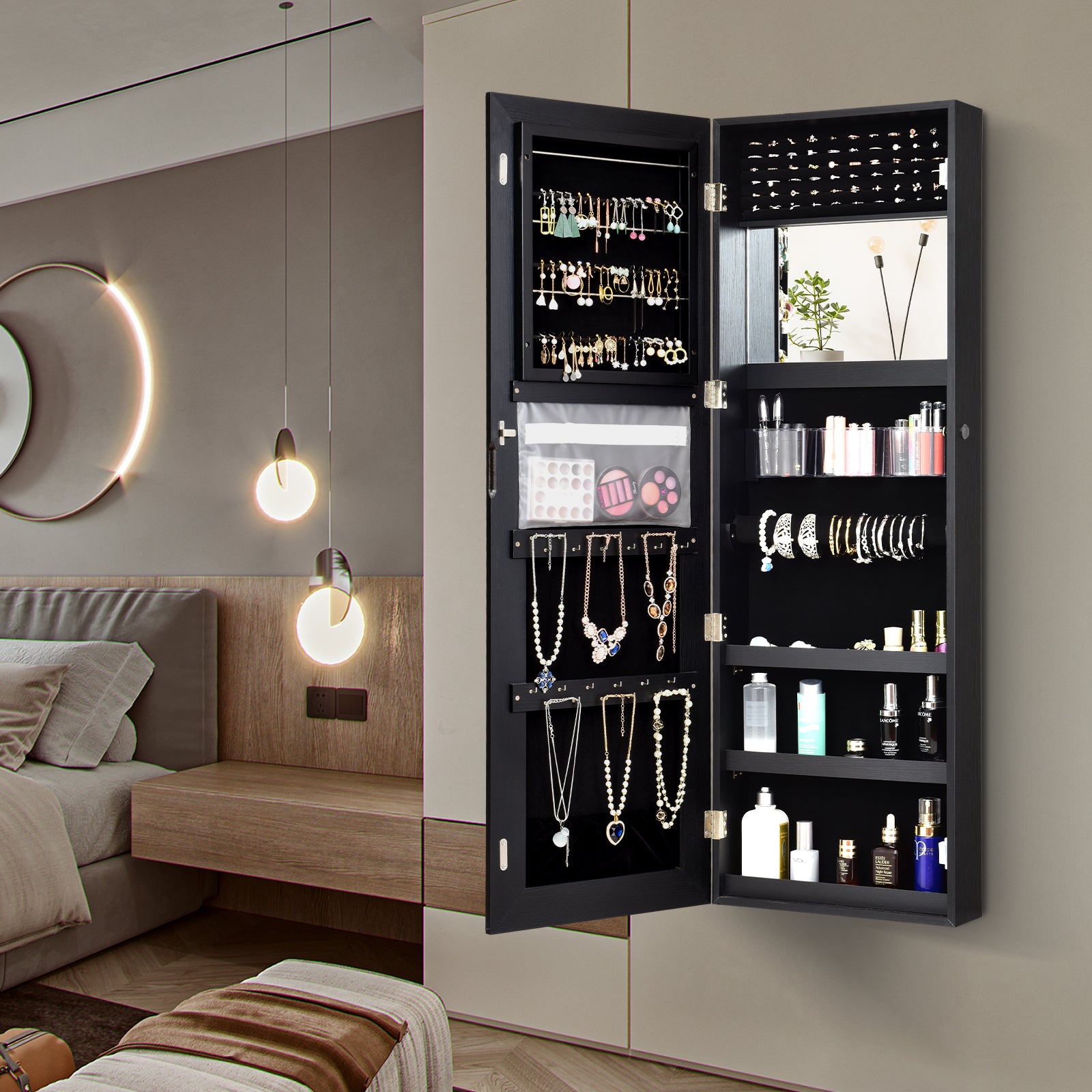 Lockable Storage Jewelry Cabinet with Frameless Mirror-Black
