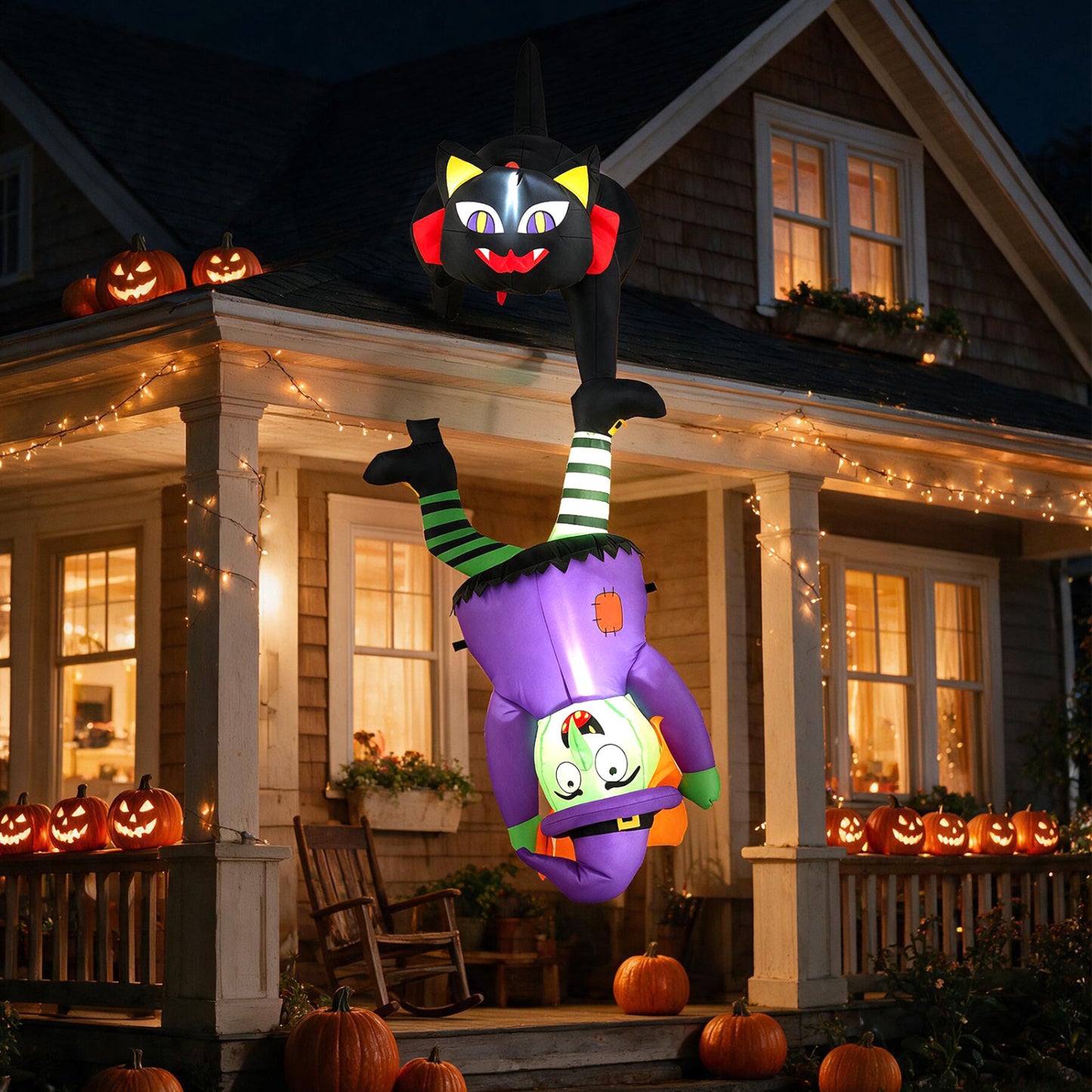 Hanging Inflatable Witch with Black Cat 6.2 FT LED Lights