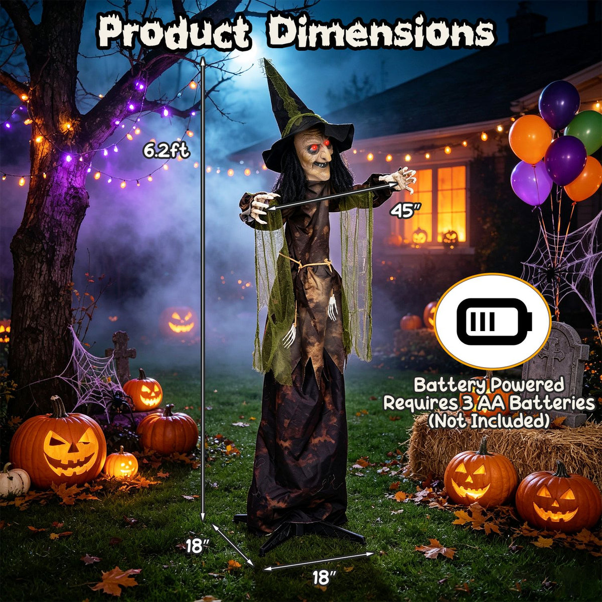 6.2 Ft. Halloween Animated Witch Decoration with Red Glowing Eyes