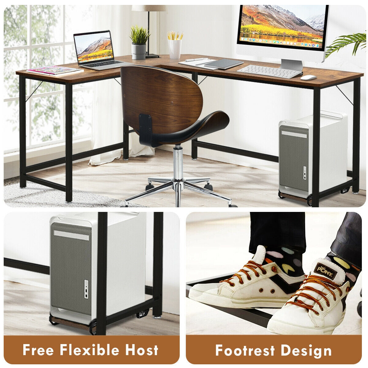 L Shaped Corner Computer Desk Laptop Gaming Table Workstation-Brown