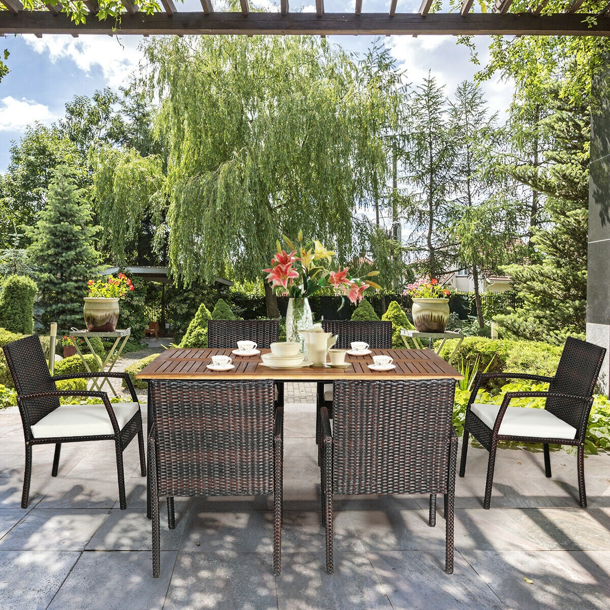 7PCS Patio Rattan Cushioned Dining Set with Umbrella Hole