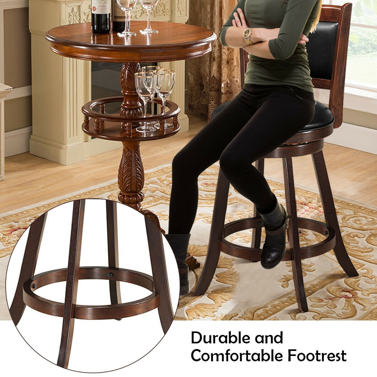 24 Inch Wooden Upholstered Swivel Counter Height Stool Dining Chair