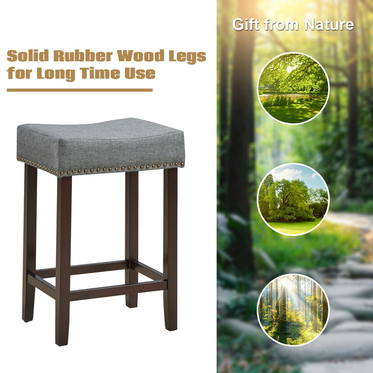 2 Pieces Nailhead Saddle Bar Stools with Fabric Seat and Wood Legs-Gray