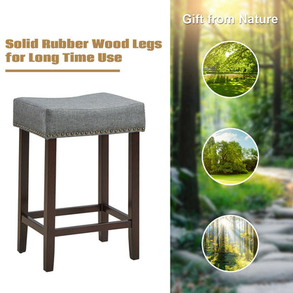 2 Pieces Nailhead Saddle Bar Stools with Fabric Seat and Wood Legs-Gray
