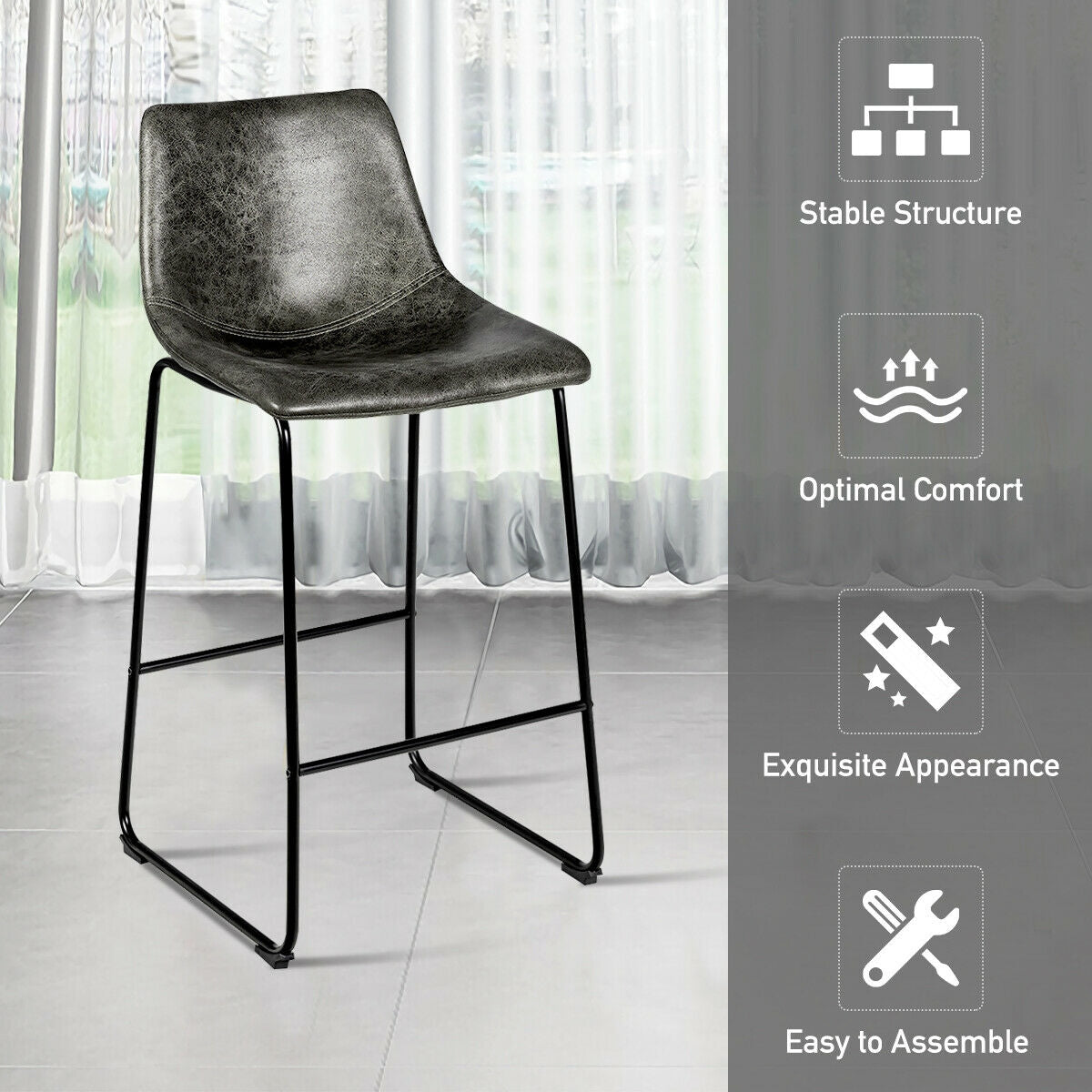 Set of 2 Bar Stool Faux Suede Upholstered Chairs-Gray