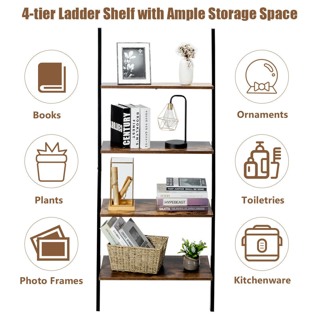 Multipurpose 4-Tier Industrial Leaning Wall Bookcase with Metal Frame-Brown