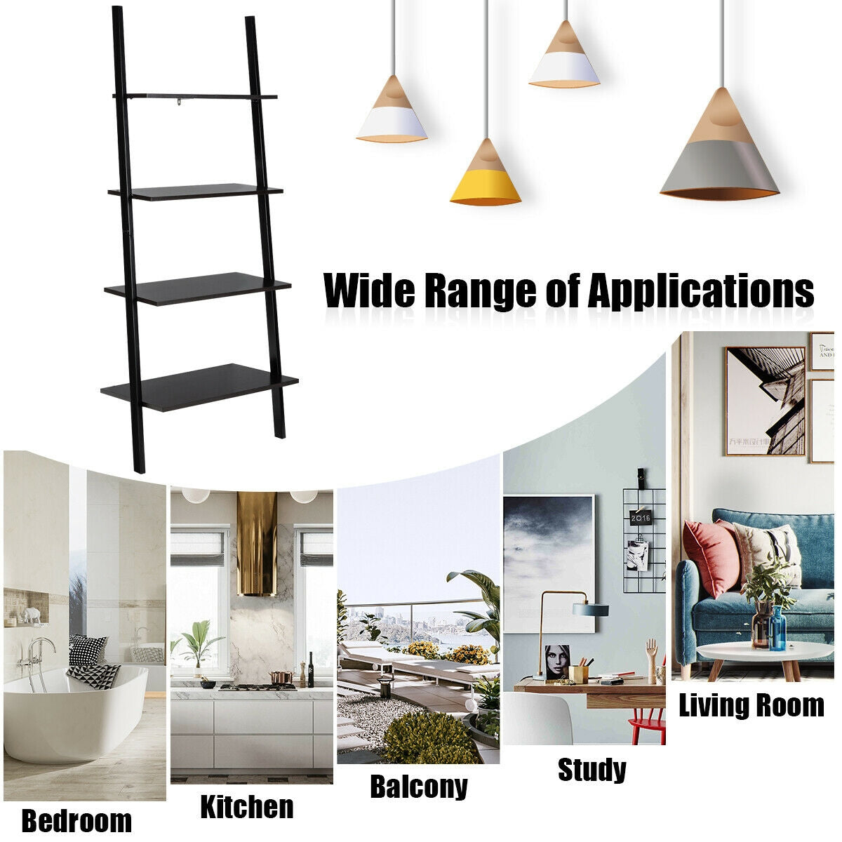 4-Tier Industrial Leaning Wall Bookcase-Black