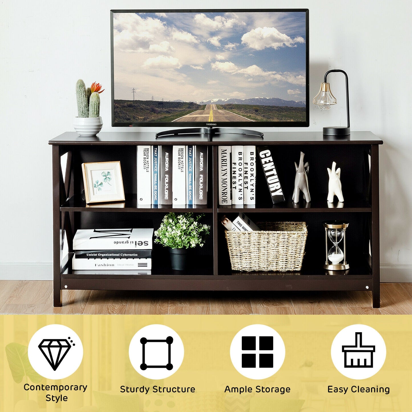 Wooden TV Stand Entertainment for TVs up to 55 Inch with X-Shaped Frame