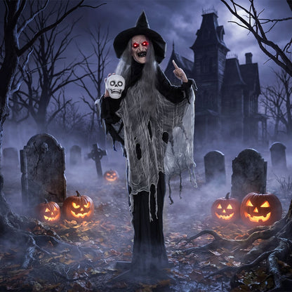 6.3 FT Halloween Standing Animatronic Witch with Skull in Hand