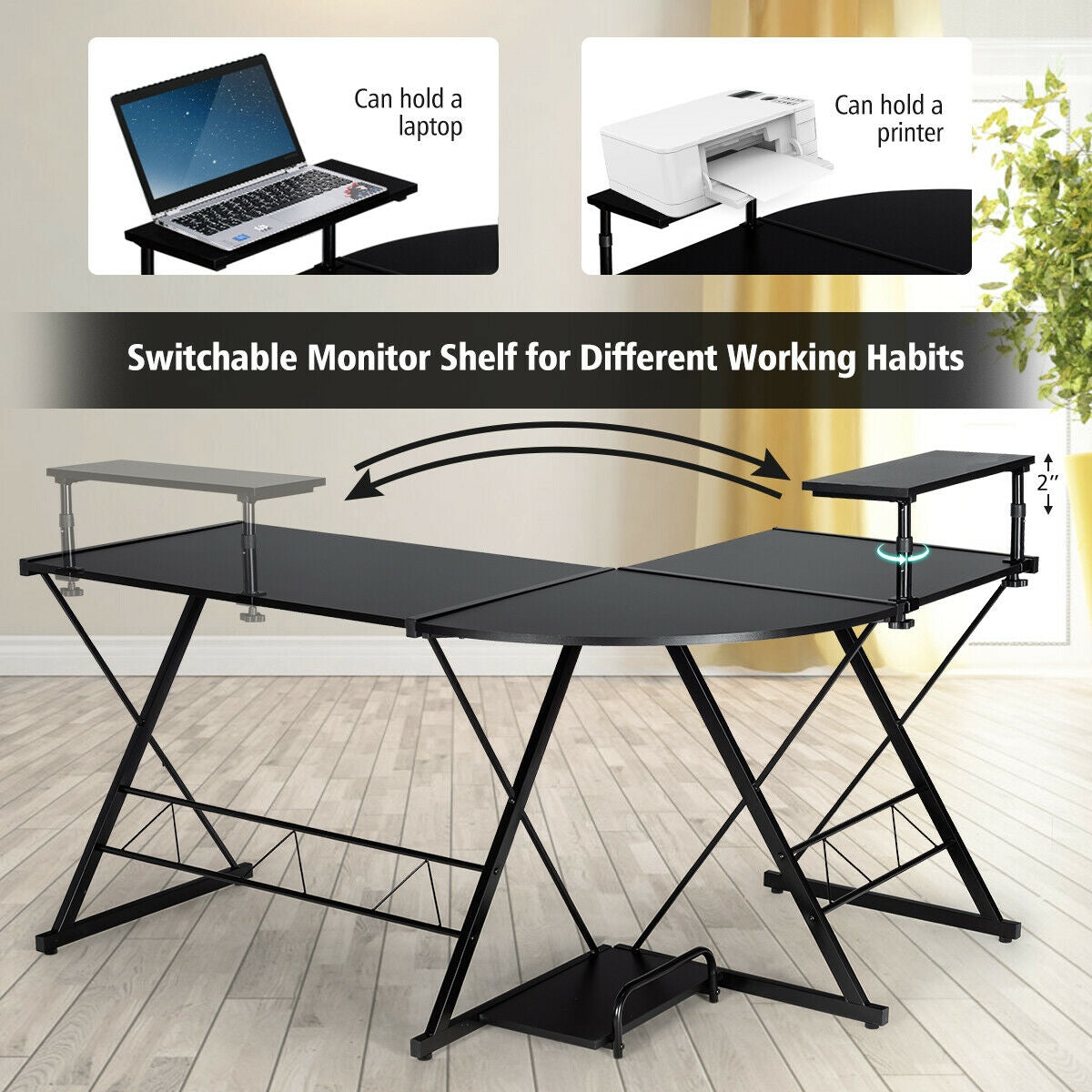 L-Shaped Desk Reversible Corner Computer Desk with Movable Shelf and CPU Stand-Black