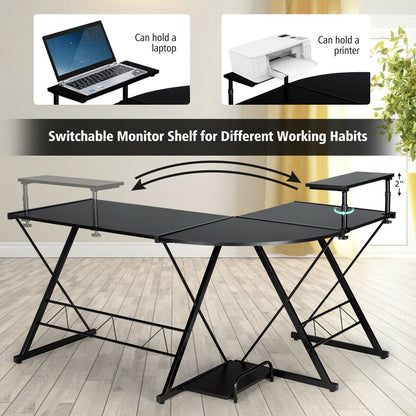 L-Shaped Desk Reversible Corner Computer Desk with Movable Shelf and CPU Stand-Black