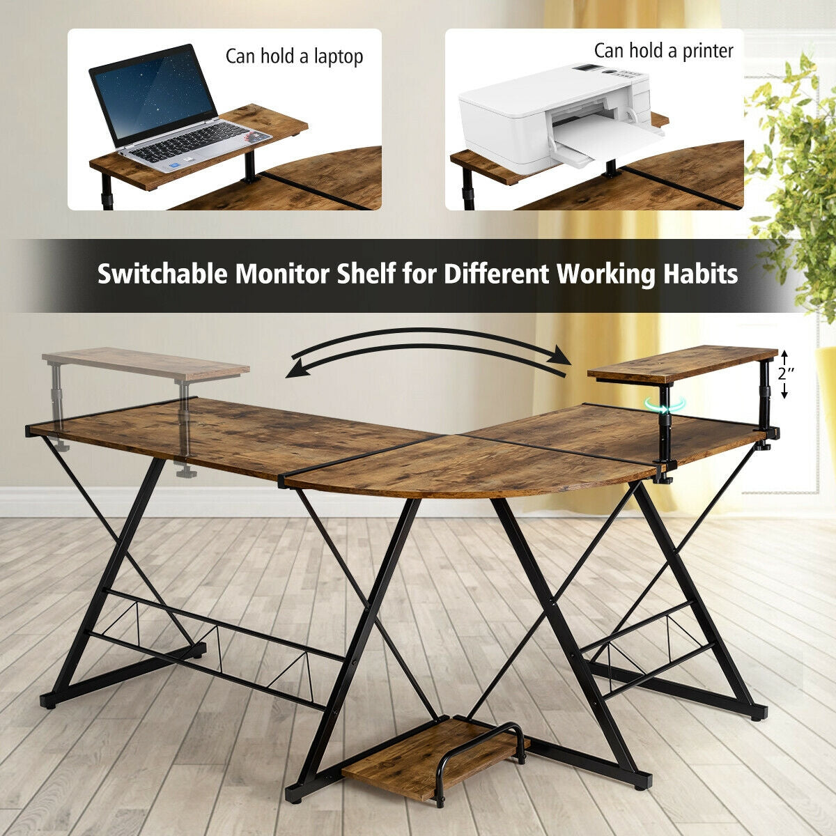 L-Shaped Desk Reversible Corner Computer Desk with Movable Shelf and CPU Stand-Rustic Brown