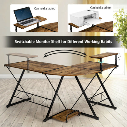 L-Shaped Desk Reversible Corner Computer Desk with Movable Shelf and CPU Stand-Rustic Brown