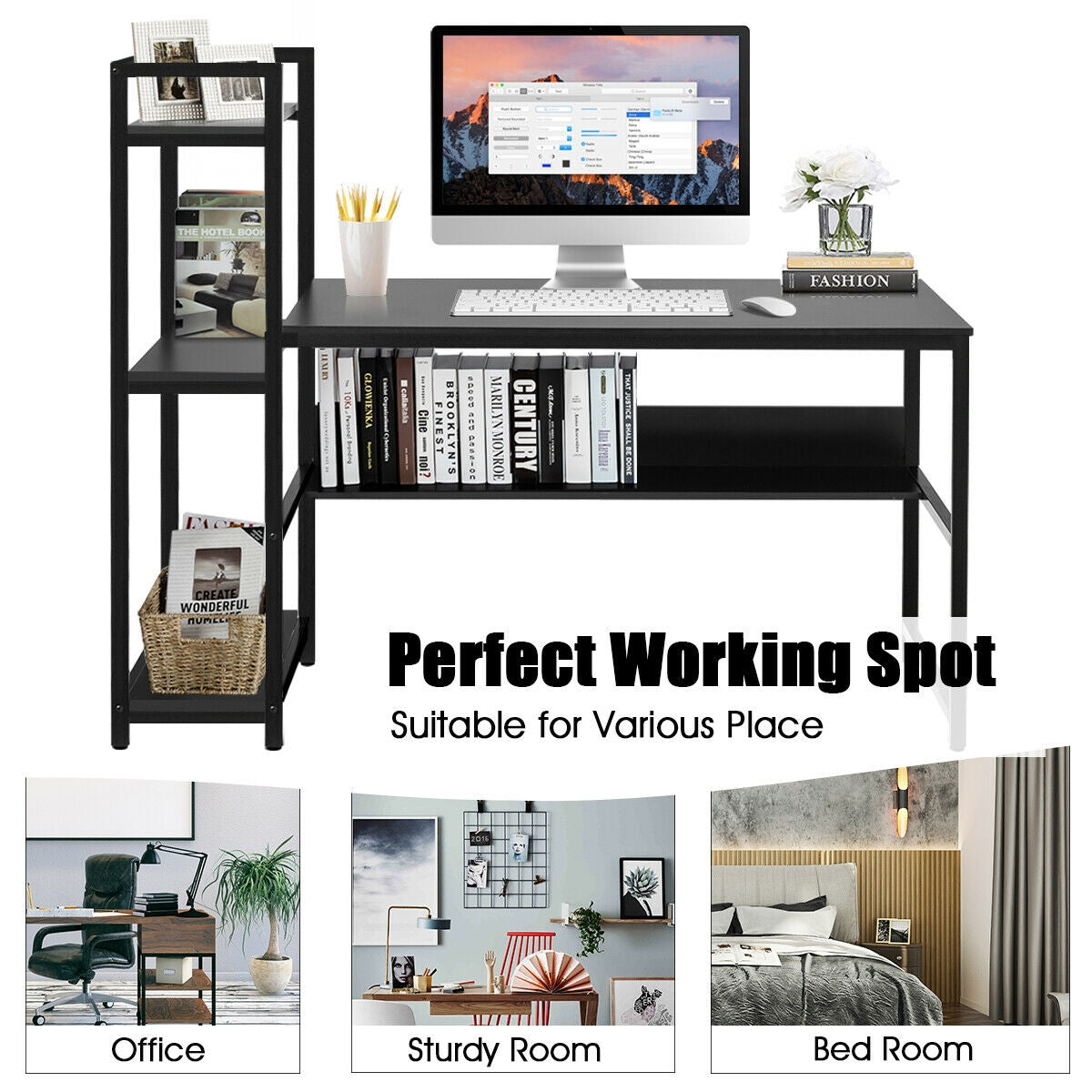59-Inch Computer Desk Home Office Workstation 4-Tier Storage Shelves-Black