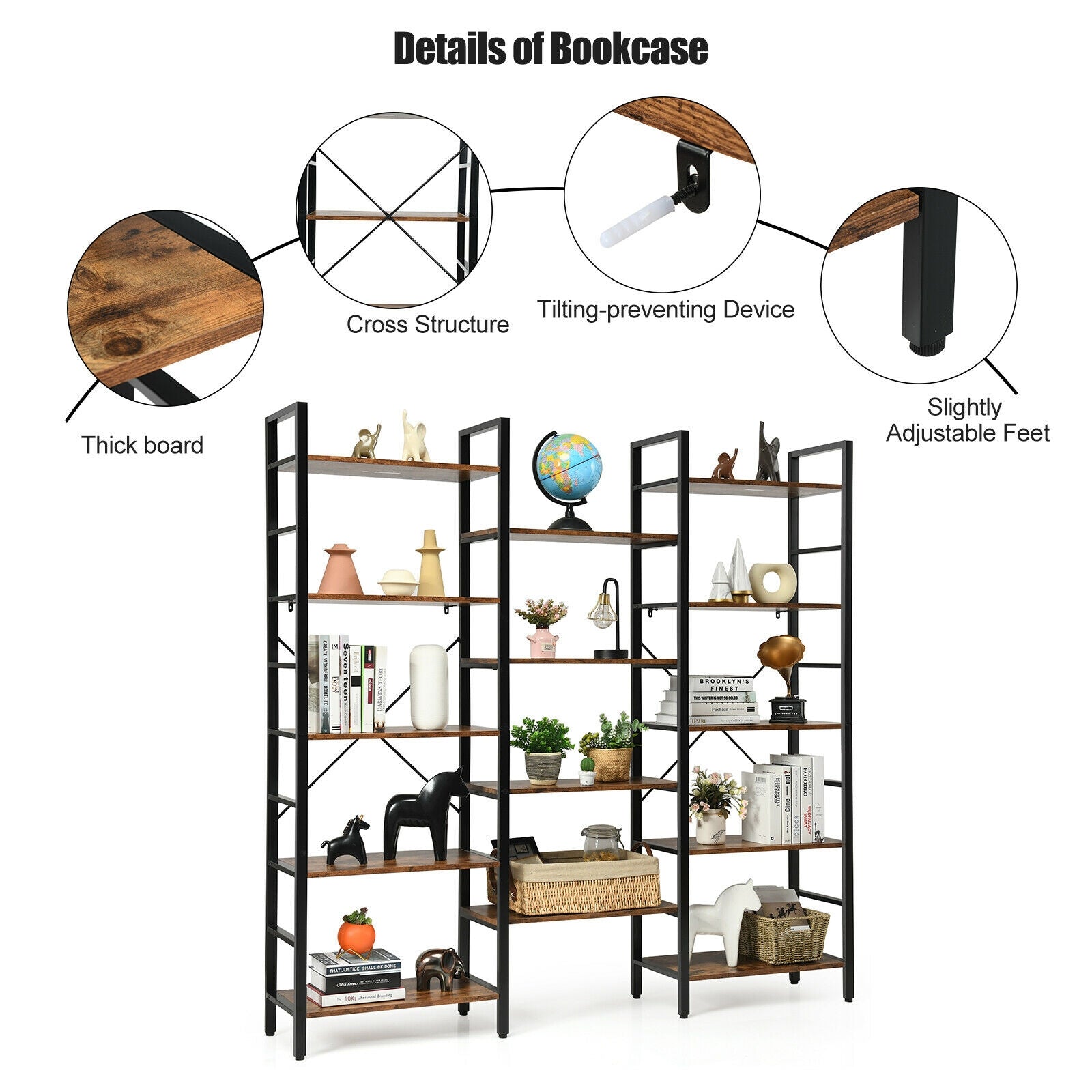 Vintage Triple Wide 5-Tier Bookcase Large Bookshelf Display Storage Shelf-Brown