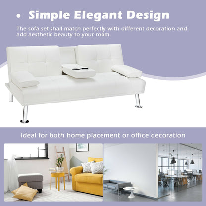 Convertible Folding Leather Futon Sofa with Cup Holders and Armrests-White