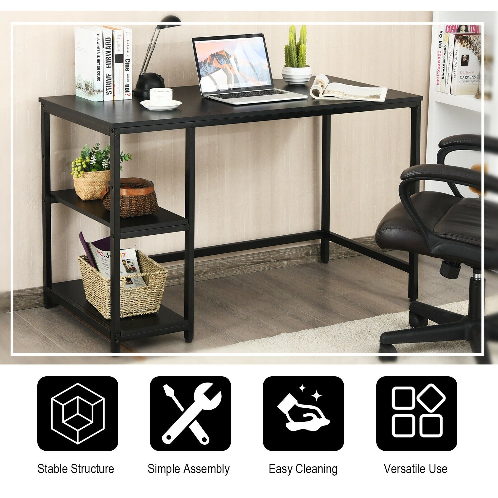 47 Inch Computer Desk Office Study Table Workstation Home with Adjustable Shelf Black-M