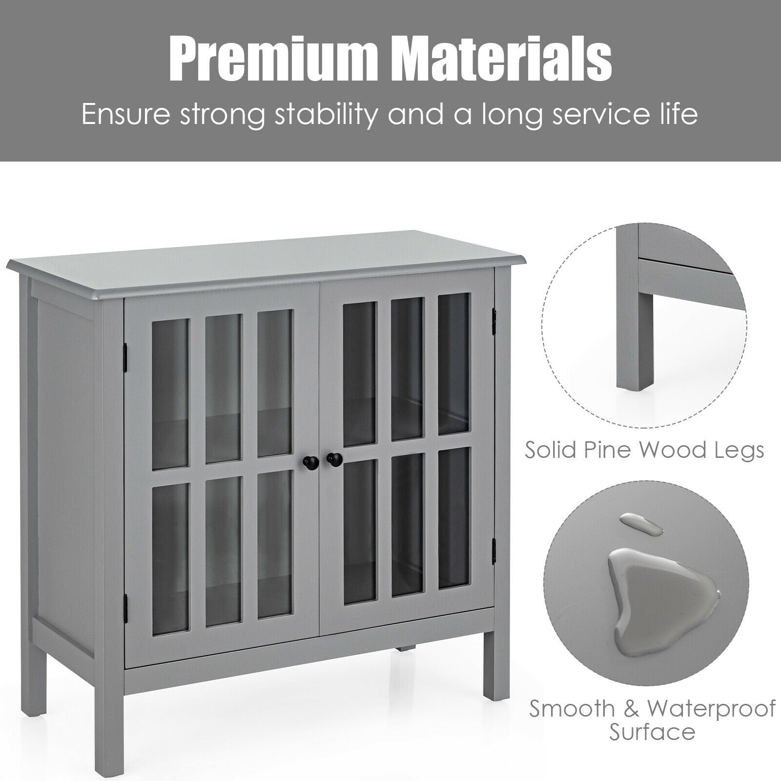 Glass Door Sideboard Console Storage Buffet Cabinet-Gray
