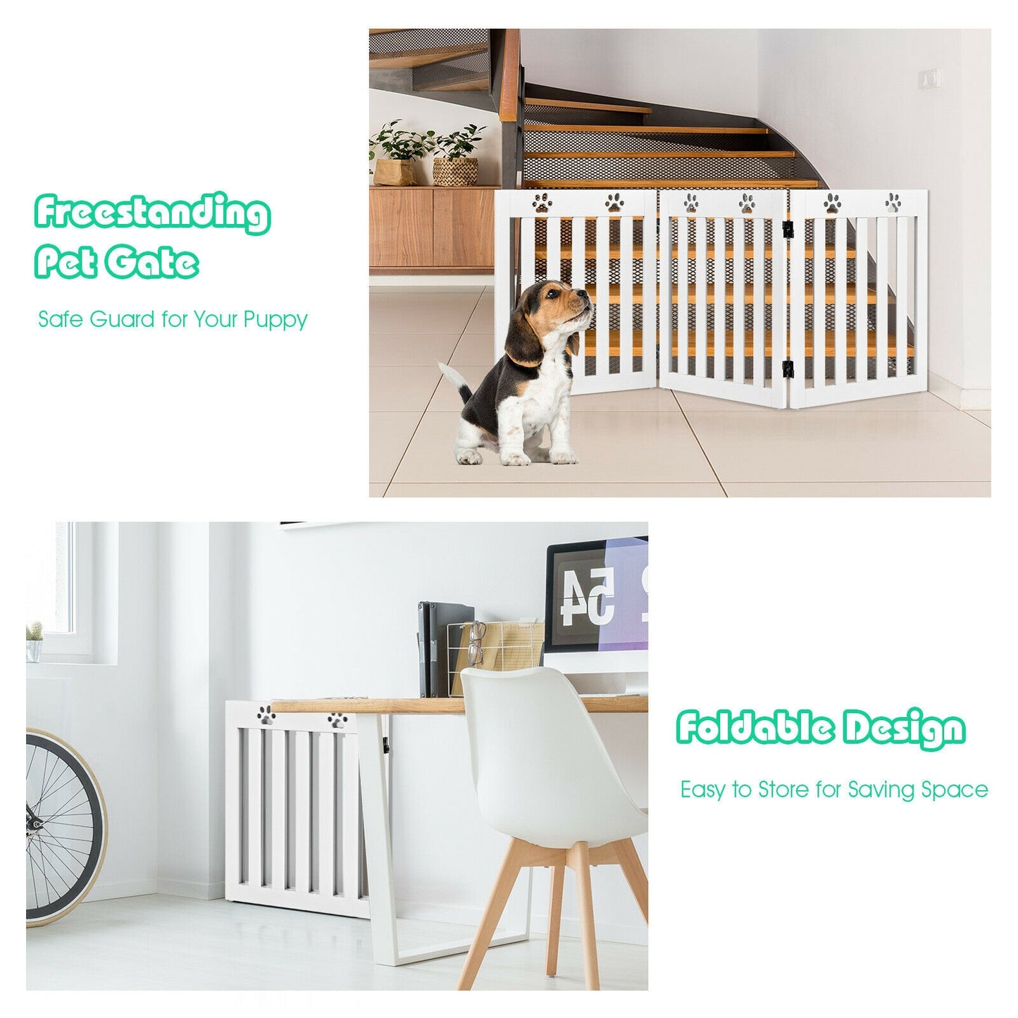24 Inch Folding Wooden Freestanding Dog Gate with 360¬∞ Flexible Hinge for Pet-White
