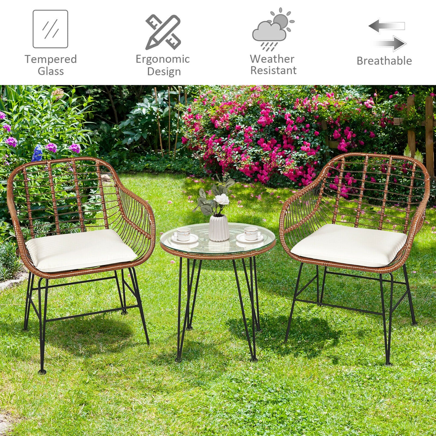 3-Piece Rattan Bistro Set with Cushions and Glass Table