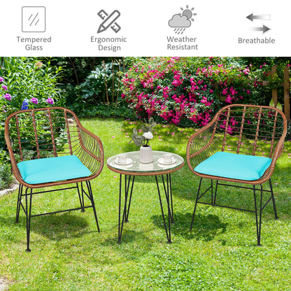 3-Piece Rattan Bistro Set with Cushions and Glass Table