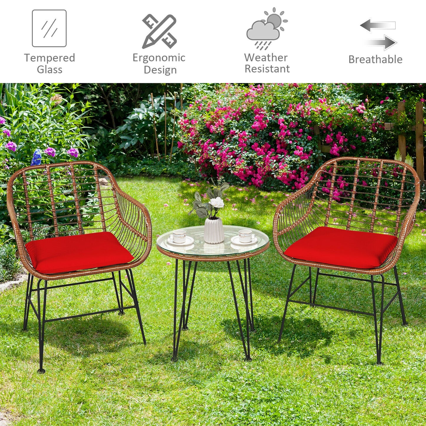 3-Piece Rattan Bistro Set with Cushions and Glass Table