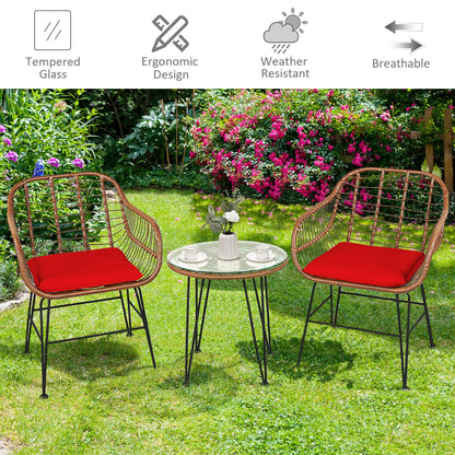 3-Piece Rattan Bistro Set with Cushions and Glass Table