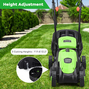 13 Inch Electric Push Lawn Corded Mower with Grass Bag-Green