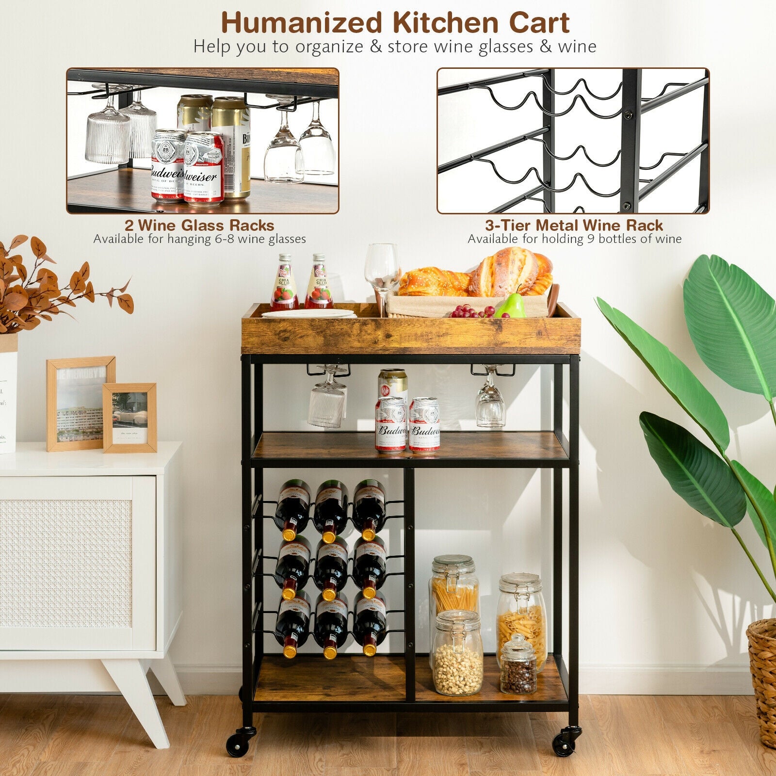3-Tier Wood Rolling Kitchen Serving Cart with 9 Wine Bottles Rack Metal Frame-Rustic Brown
