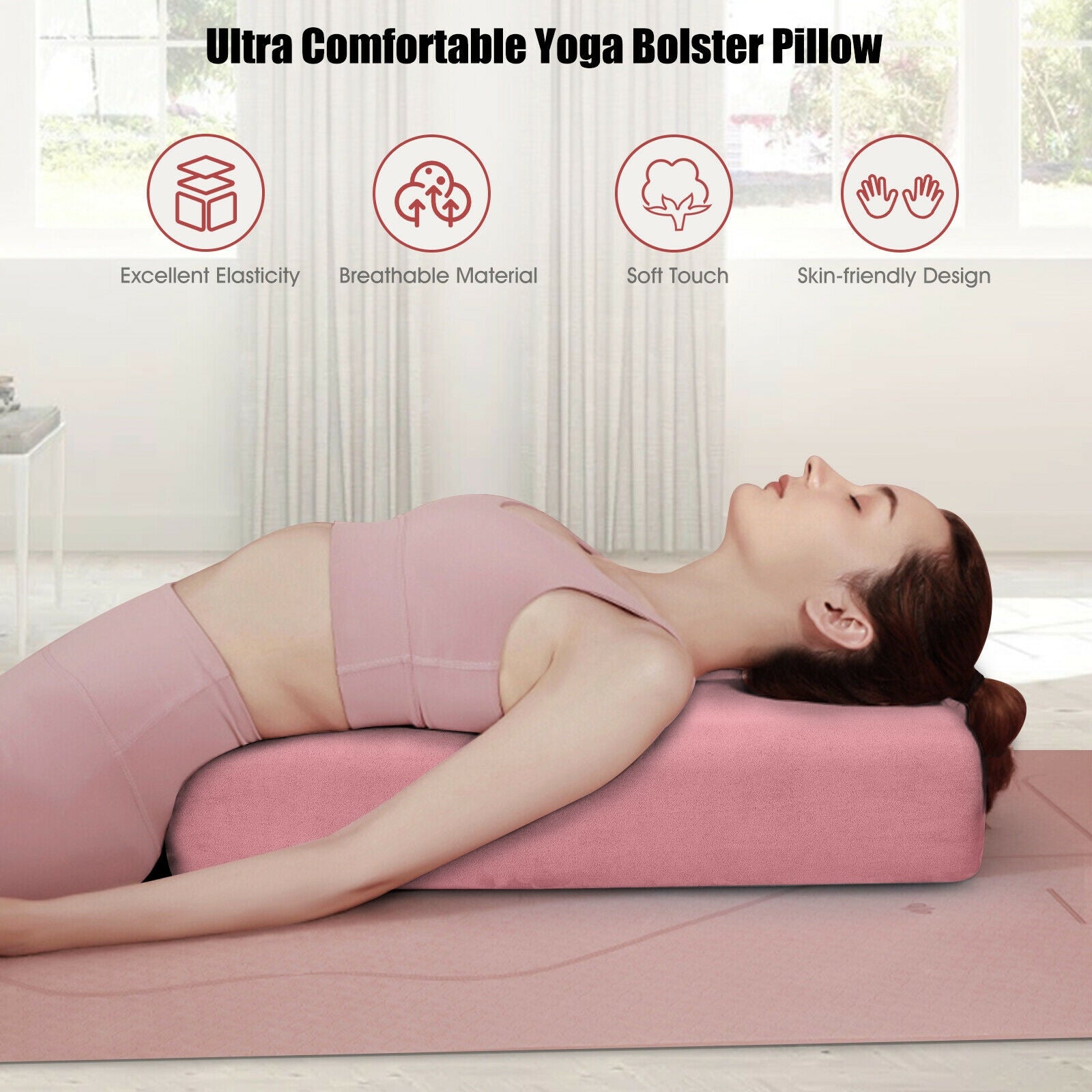 Yoga Bolster Pillow with Washable Cover and Carry Handle-Green - Pink